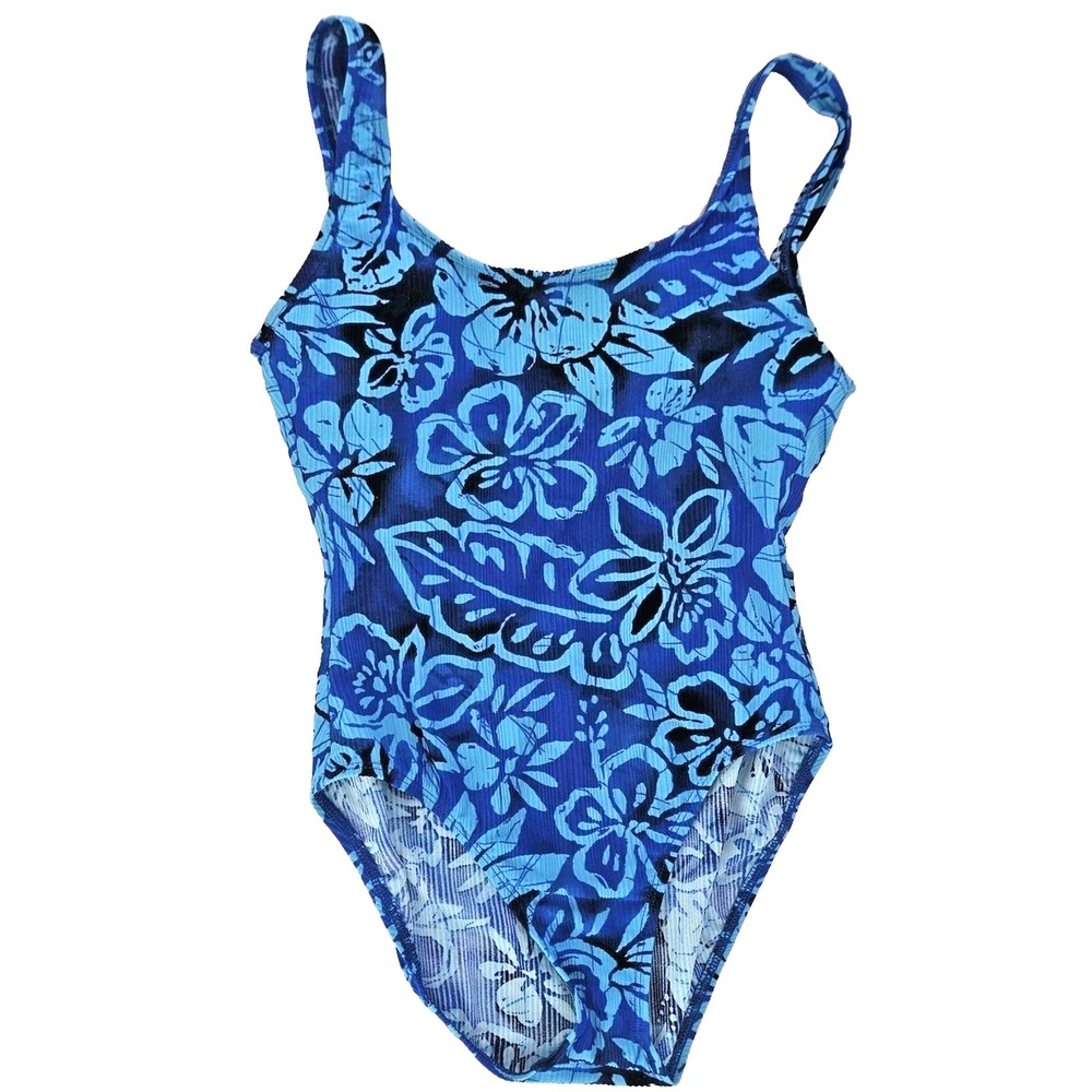 Vtg 90s/ Y2K Catalina Swimsuit Plus Size 1XL 16W 1pc Blue Floral Ribbed Tropical